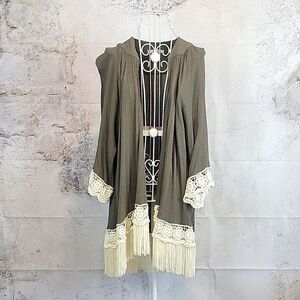 Jodifl Boho Fringe Kimono cardigan with Lace Trim Women's Size S